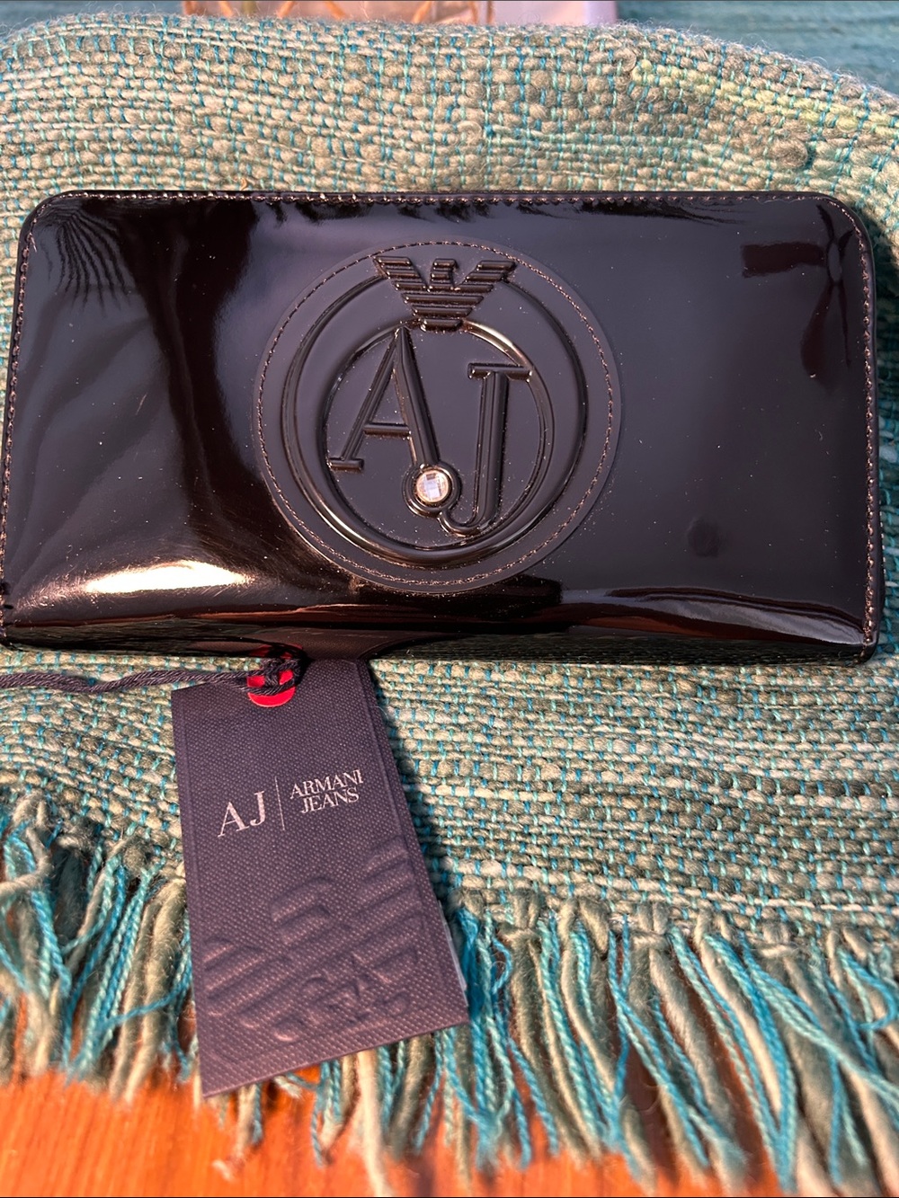 Armani Jeans Glossy Black Patent Leather AJ Logo Zip Wallet